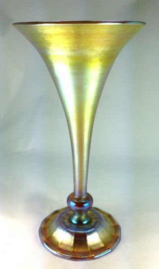 Antique L.  C.  Tiffany Gold Favrile Iridescent Art Glass Trumpet Wheel Cut Vase