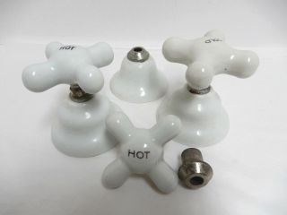 Vintage White Porcelain Faucet Handles & Bonnet Mounts Set Of 3 1910 