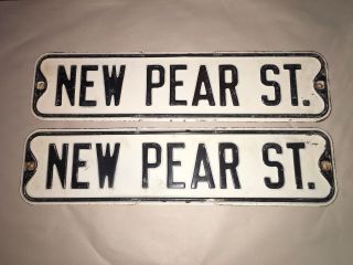Pair Set 6 " X 24” Vintage “new Pear St.  ” Pressed Steel Street Traffic Road Sign