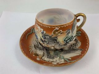 Vintage Hand Painted Japanese Moriage Flying Dragon Small Teacup & Saucer Raised
