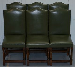 Set Of Six Edwardian English Oak And Green Leather High Back Dining Chairs