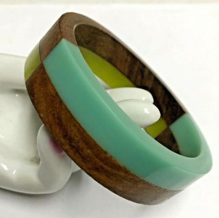 Unusual Vintage Lime & Moss Green Lucite With Wood Mosiac Bangle Bracelet
