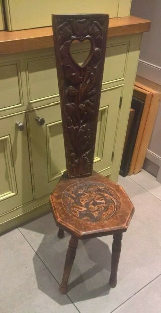 Large Wooden Oak Carved Vintage Welsh Spinning Chair