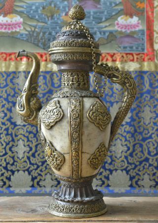 Tibetan Antique Tantric Vase - Kapala Ewer For Wrathful Initiation.  Human Skull.