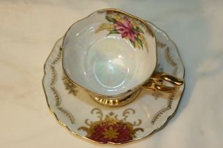 Vintage L M Royal Halsey Cup Saucer Mother of Pearl Porcelain Very Fine Orchid 2