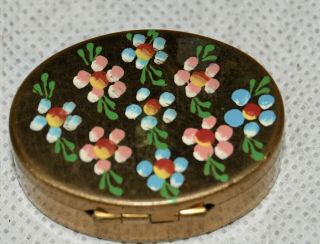 Vintage Hand Painted Floral Pill Trinket Box Gold Tone Metal 1.  5 In