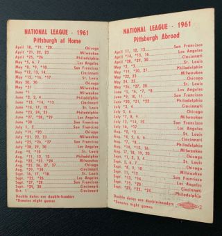 1961 Pittsburgh Pirates Baseball Pocket Schedule Calendar Janice M.  Pitzer