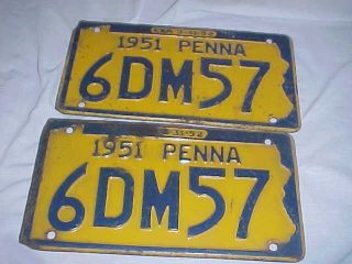 Pair 2 Vtg 1951 Penna Pennsylvania Pa License Plates 6dm57