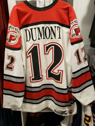 J.  P Dumont Game Worn Portland Pirates Jersey With Awesome Wear