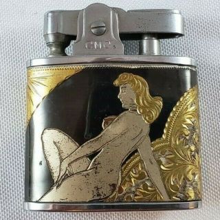 Vintage Cigarette Lighter Continental Heavy Metal Clad Naughty Naked Ladies 2