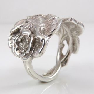 Vintage Art Nouveau Sterling Silver Rose Flower Wide Ring Size 9.  5 Ldi4