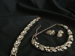Vintage 3 Pc Coro Set Necklace,  Earrings Bracelet Gold Plate With Rhinestones