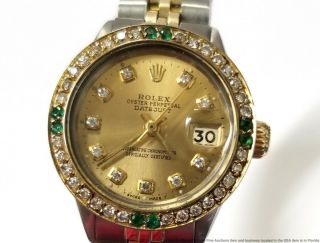 Vintage Rolex Datejust Gold Steel Diamond Emerald Bezel Watch 6917 2