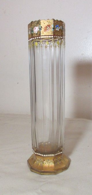 antique handmade Moser enameled gilt clear cut crystal glass 10 sided bud vase 2