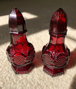 Vintage Avon Ruby Red Salt & Pepper Set Pressed Glass 4 - 1/2 " Table Ware
