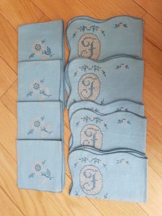 Set Of 4 Vintage Cross Stitch Linen Place - Mats And Napkins Aqua Initial " F "
