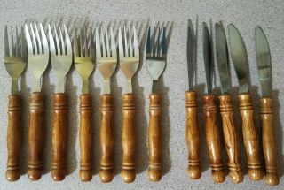 Vintage Stainless Taiwan Old Homestead Wood Handle 7 Dinner Forks,  5 Knives