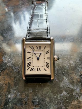 Unisex Cartier Tank Louis 18k Solid Gold On Leather Band With Date - Model 2678