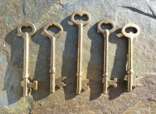 Five Vintage Brass Mortise Lock Skeleton Keys Antique & Vintage Door Keys
