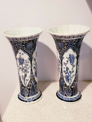 Pair Antique Delft Sphinx Boch 12 " Trumpet Vases Belgium Holland Blue And White