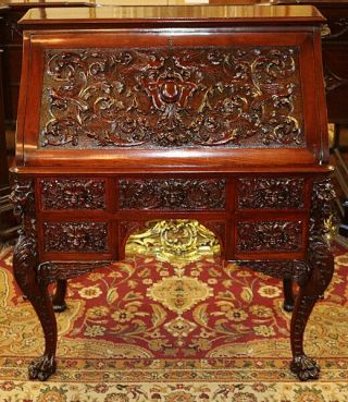 Stunning 19th Century Mahogany Winged Griffin Slant Front Desk By Rj Horner