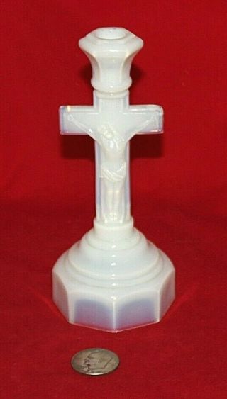 Vintage Eapg Opalescent Milk Glass Cross Crucifix Candle Holder 9.  5 " Good Shape