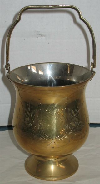 Vtg Brass Engraved Ice Bucket With Handle & Brass Tongs Bar Ware Great Patina