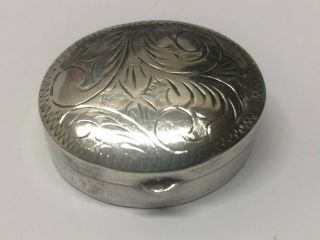 Sterling Silver 925 Vintage Engraved Pill Box With Hinged Lid,  Pre - Owned