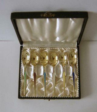 A Cased Set Of Six Danish Sterling Silver & Enamel Spoons 9.  6 Cms