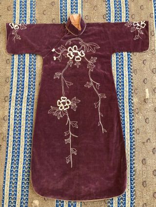 Antique 1920s 30s Floral Embroidered Cotton Velvet Cheongsam Qipao Banner Dress