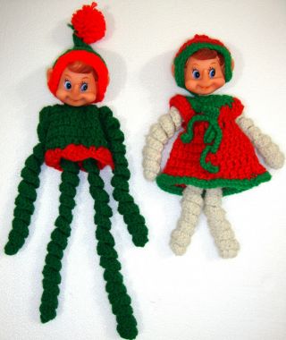 Set Of 2 Vintage Hand Knitted Boy Girl Christmas Pixie Elf Elves Ornaments Decor