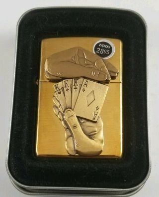 Vintage 1996 Brass Zippo Lighter With Full Hand Poker Pop Up Card