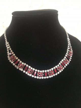 Vintage Rhinestone Necklace & Clip On Earrings 3 Piece Prong Set Red/clear