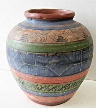 Vintage Mexican Hand Painted Folk Art Pottery Vase - Mexico