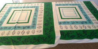 2 Matching Vintage 54 X 44 " 50/60s Green Turquoise Leaf Print Cotton Tablecloths