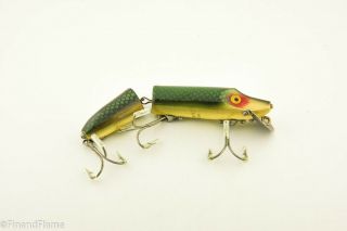 Vintage Heddon Wooden Jointed Vamp Antique Fishing Lure Color Green Scale