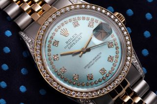 Ladies Rolex Steel & Gold 36mm Datejust Ice Blue String Diamond Dial Watch 2