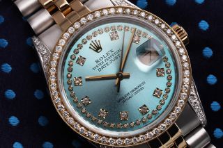 Ladies Rolex Steel & Gold 36mm Datejust Ice Blue String Diamond Dial Watch 3