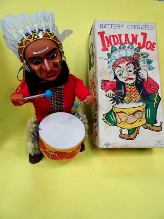 Vintage Alps Japan 1950s Indian Joe Tin Battery Op W/war Drum & Box - Tlc