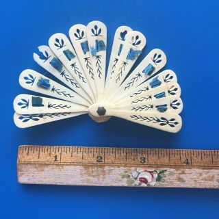Antique French Fashion Doll Hand Fan Detailed Bone with Blue Ribbon 3