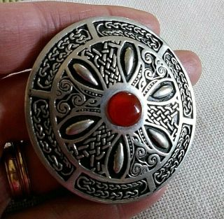Vintage Signed St.  Justin Pewter Celtic Medallion Big Shawl Pin With Red Stone