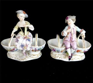 Pair Antique German Porcelain Salts Figures Figurines Of Children