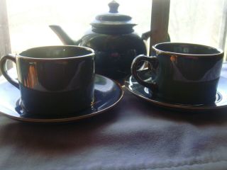 Vtg Homer Laughlin Tea Pot W/lid Cup Saucer Set For Two Blue Brown Lead 6pc