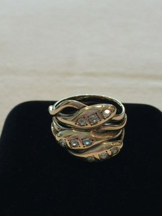 Estate Antique 14k Yg And Diamond Triple - Head Snake Ring,  Size 7