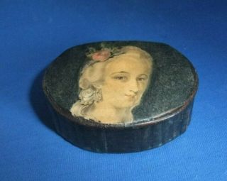 Antique Early 19thc Papier Mache Snuff Box With The Profile Of A Lady.