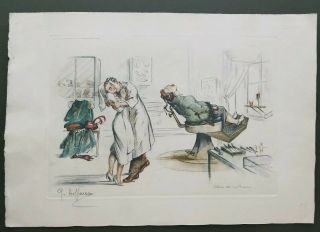 Gaston Hoffman Vintage Signed Hand Colored Etching " Abuse Of Trust " Dentist