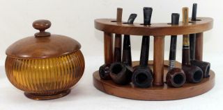 Vintage Wooden Tobacco Pipe Holder Stand W/ Humidor & 6 Estate Pipes