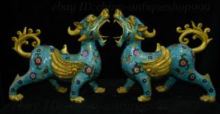 14 " Chinese Bronze Cloisonne Enamel Pixiu Brave Troops Unicorn Beast Statue Pair
