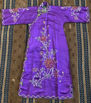 Fine Antique 1920s Embroidered Bright Purple Silk Cheongsam Qipao Florals Pankou