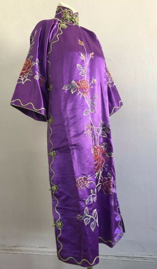 Fine Antique 1920s Embroidered Bright Purple Silk Cheongsam Qipao Florals Pankou 3